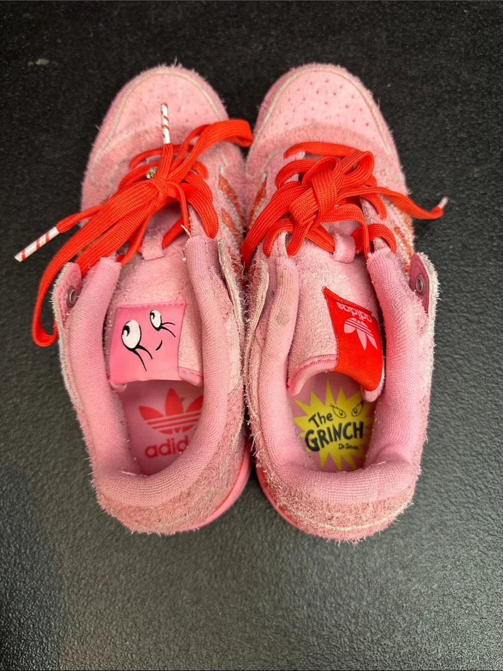 Adidas + Dr. Seuss Kids Pink Suede Sneakers with Red Laces and Character Tongue